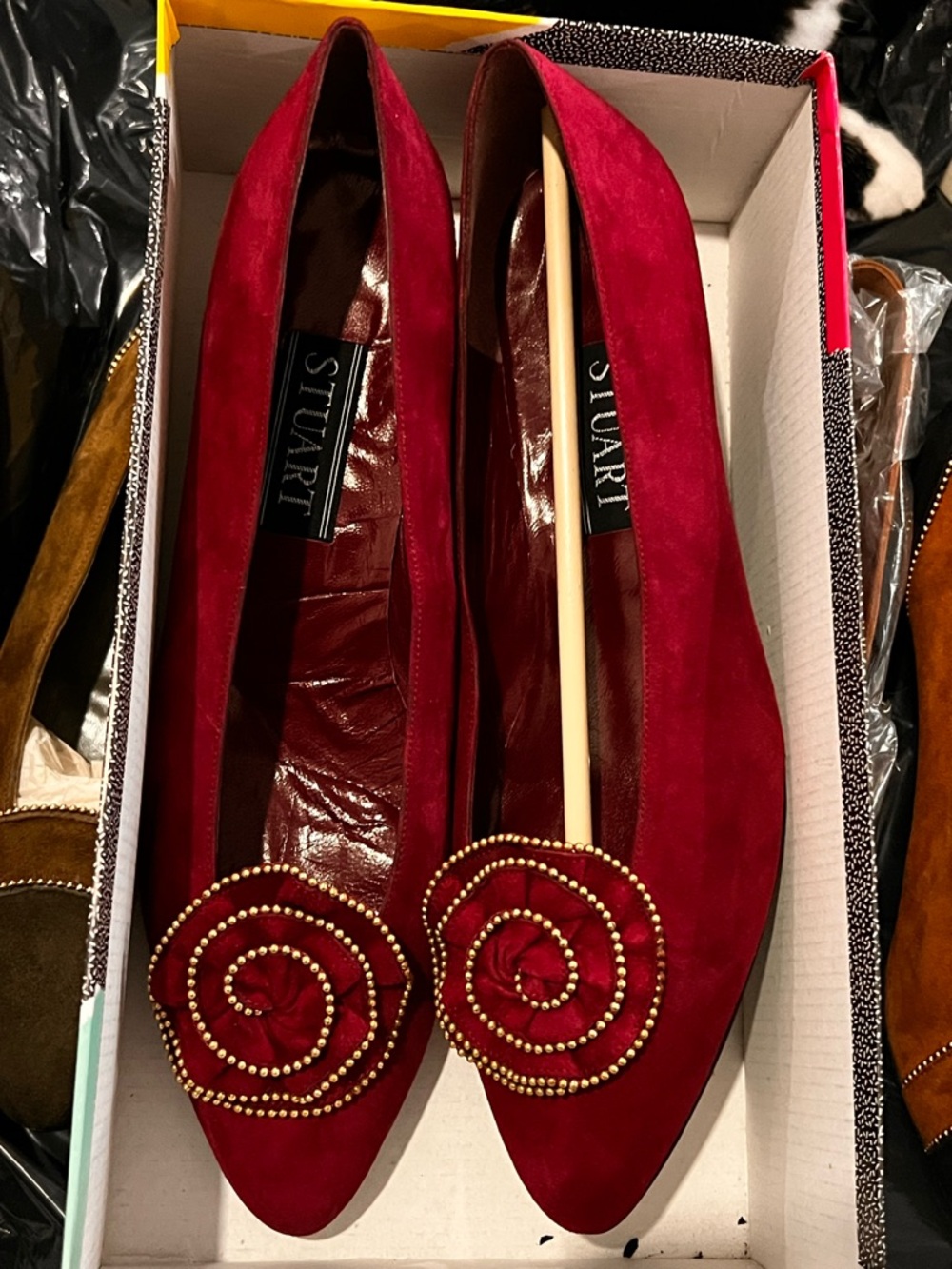 Stuart Weitzman Crimson Suede Pointed Toe Flats with Spiral Bead Ornament
